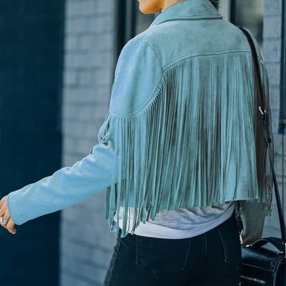 Jackets & Blazers - Blue tassel women faux suede jacket blazer fringe boho festival